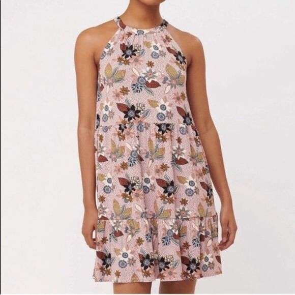 LOFT Womens Floral High Neck Tiered Halter Dress Size Medium Petite - Picture 1 of 11